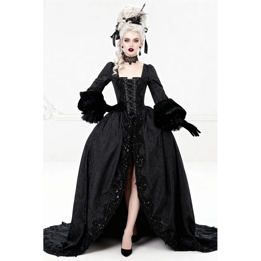 Attitude Corsets - Hiromi Tudor Inspired Rococo Langes Korsett Kleid - Schwarz